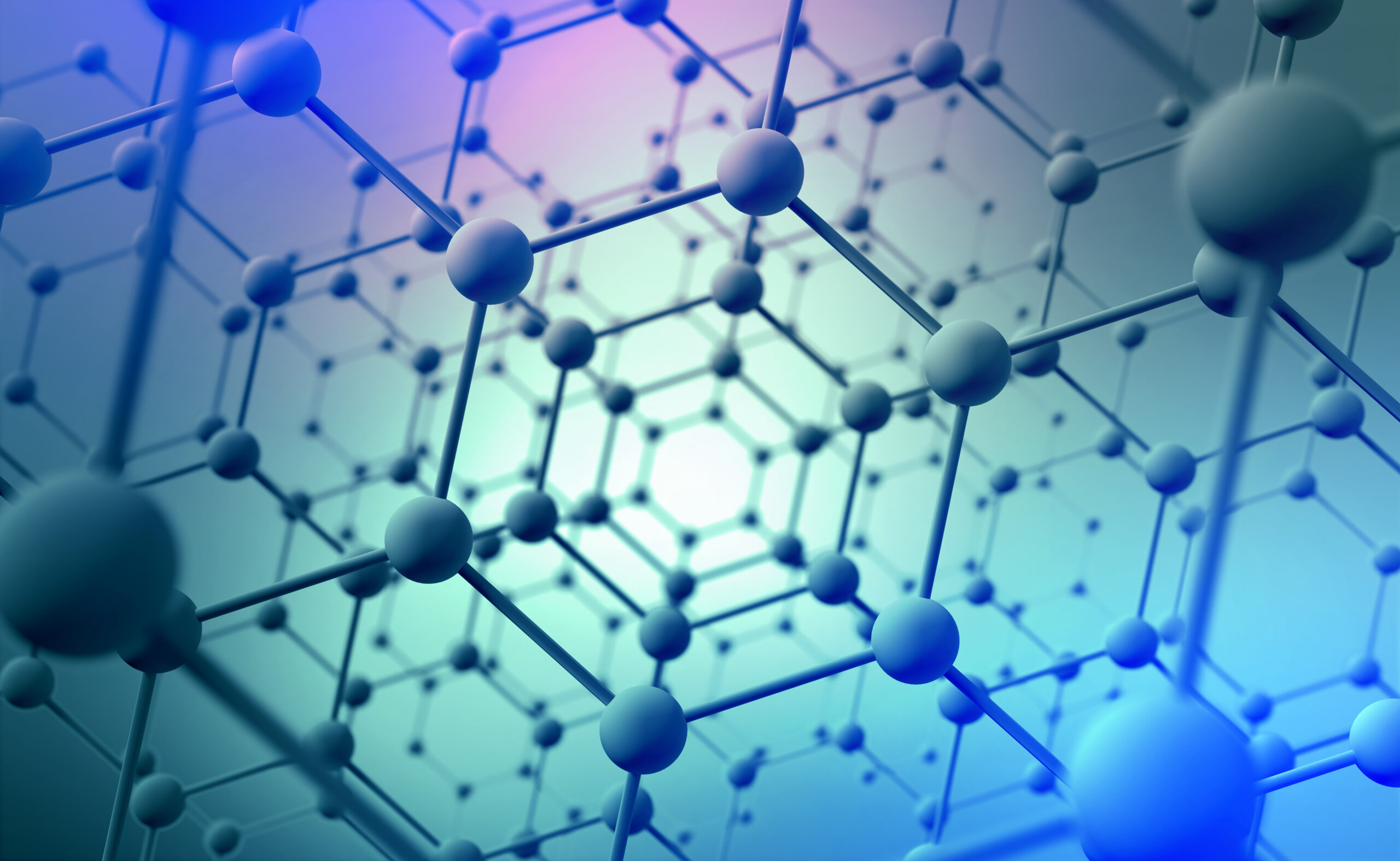 Nanotechnology in modern science. Future technologies in study of structure of nanomaterials. 3D illustration of atomic grid on a high-tech background