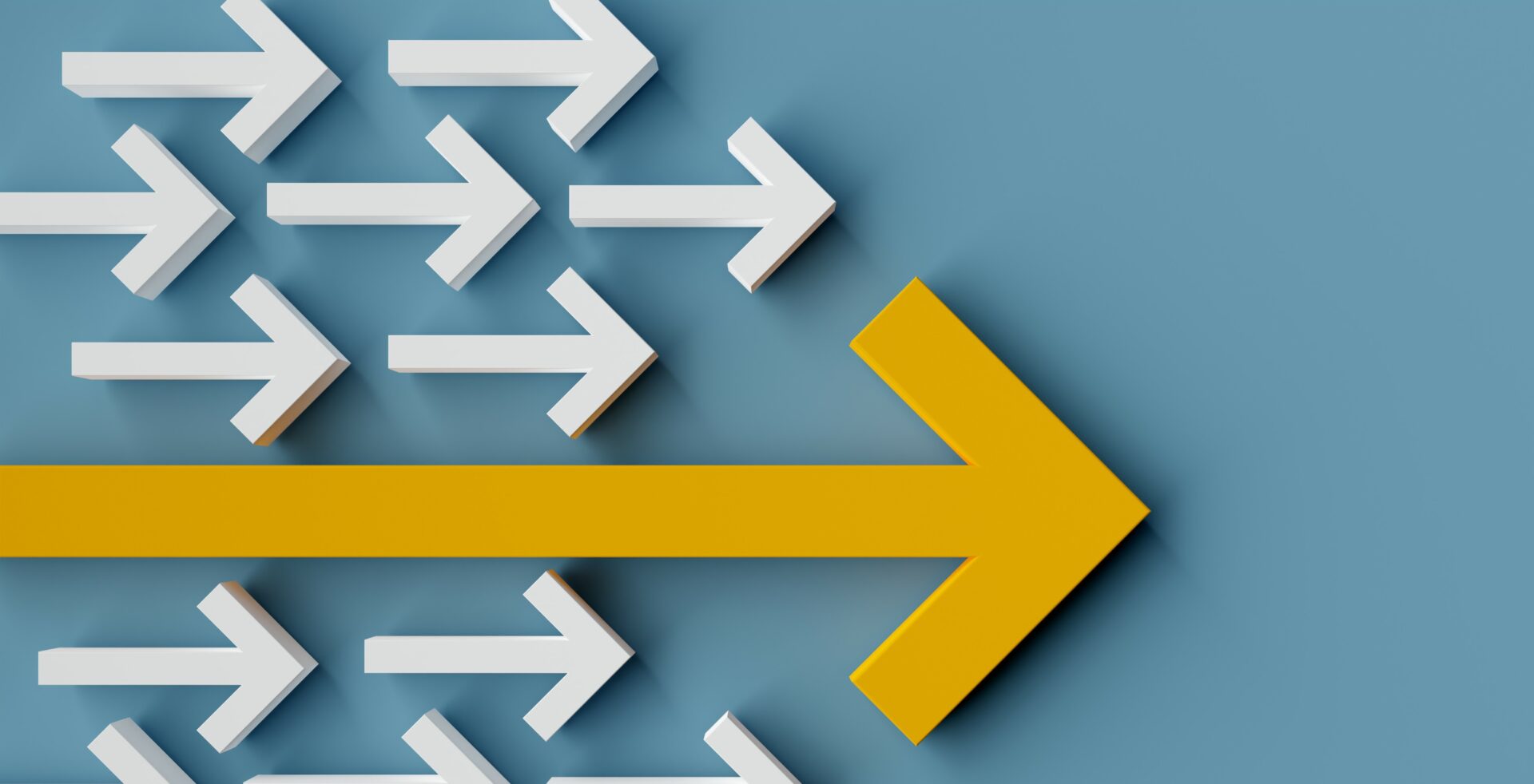 Group of arrows with one big arrow leading over blue background, teamlead, leadership, success or winner concept