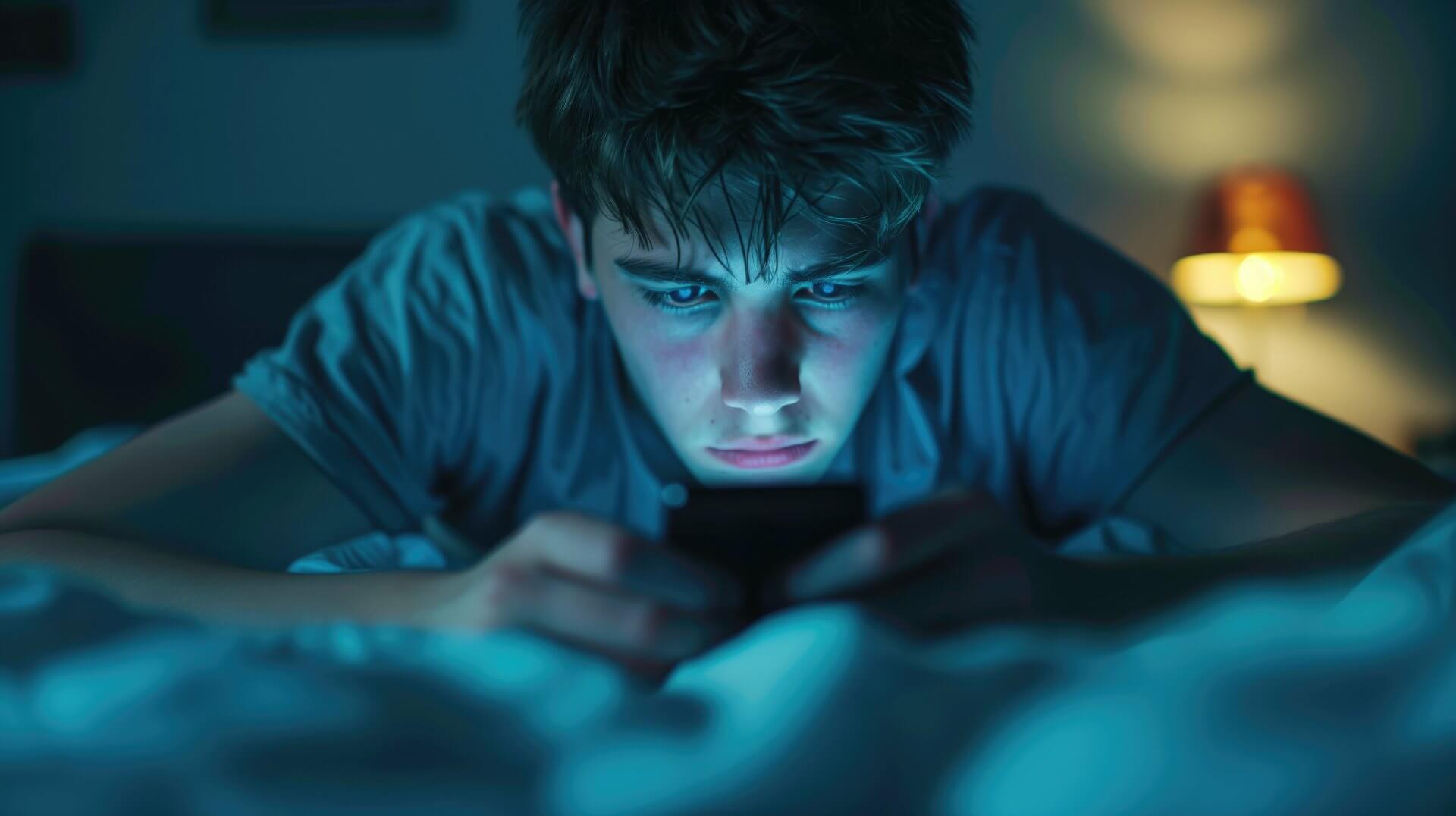 Teenager boy addicted to a social media using phone lying in bed at night.